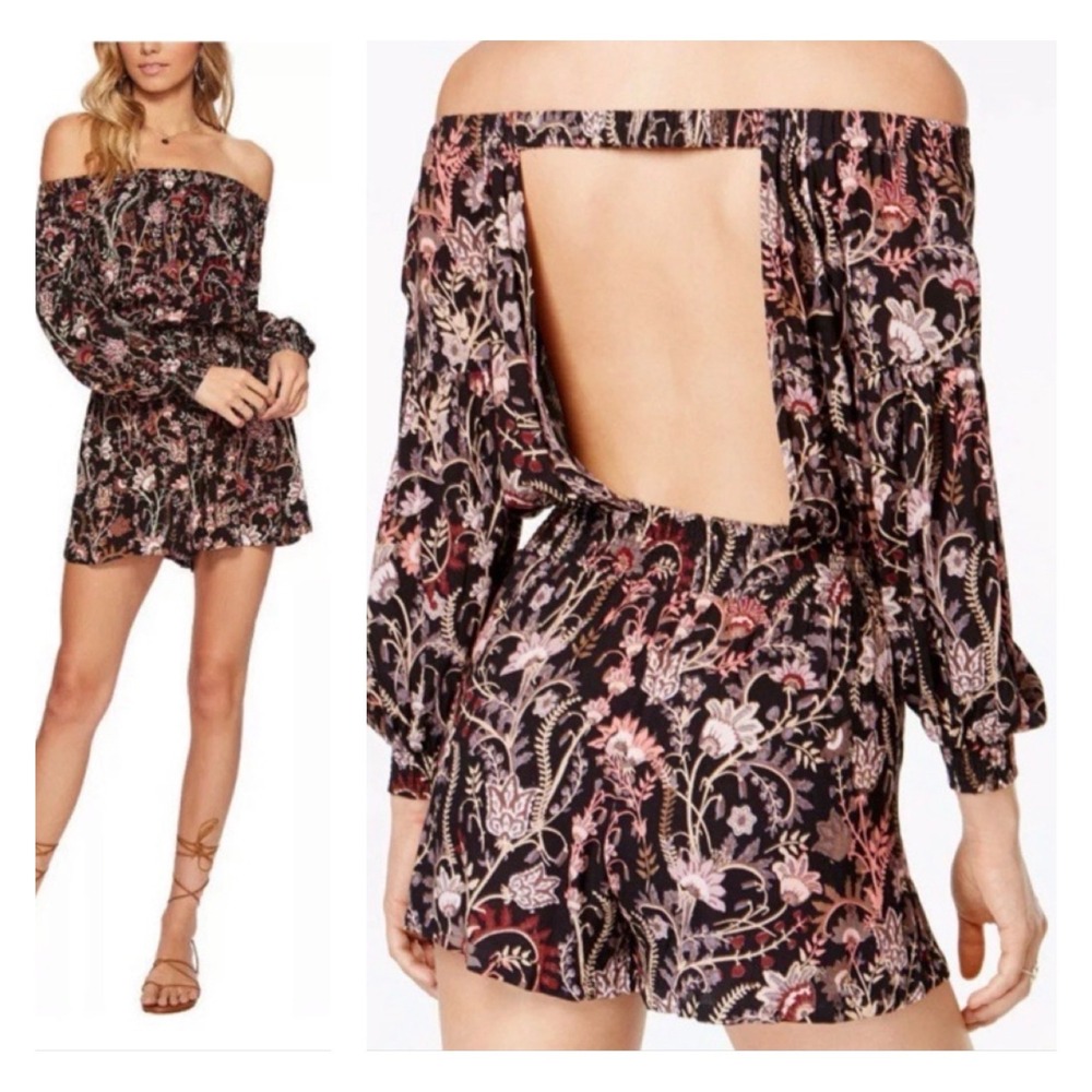 Free People Pretty and Free Black Floral Romper Off The Shoulder XS